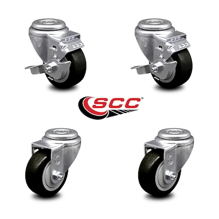 3.5 Inch Black Polyurethane Wheel Swivel Bolt Hole Caster Set With 2 Brake SCC